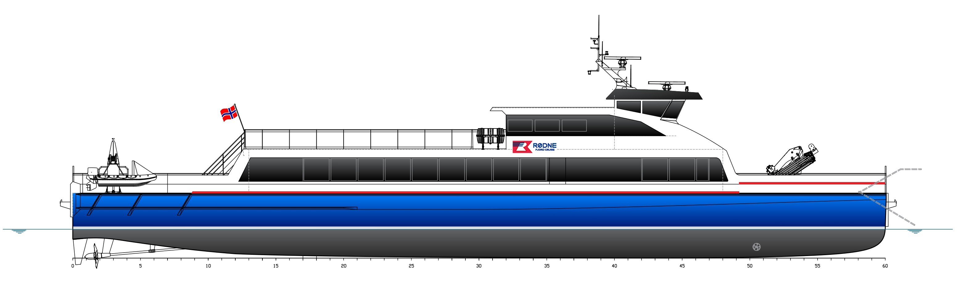 Illustrasjon av helelektrisk kombi-katamaran for Lysefjorden, designet ved Oma Baatbyggeri