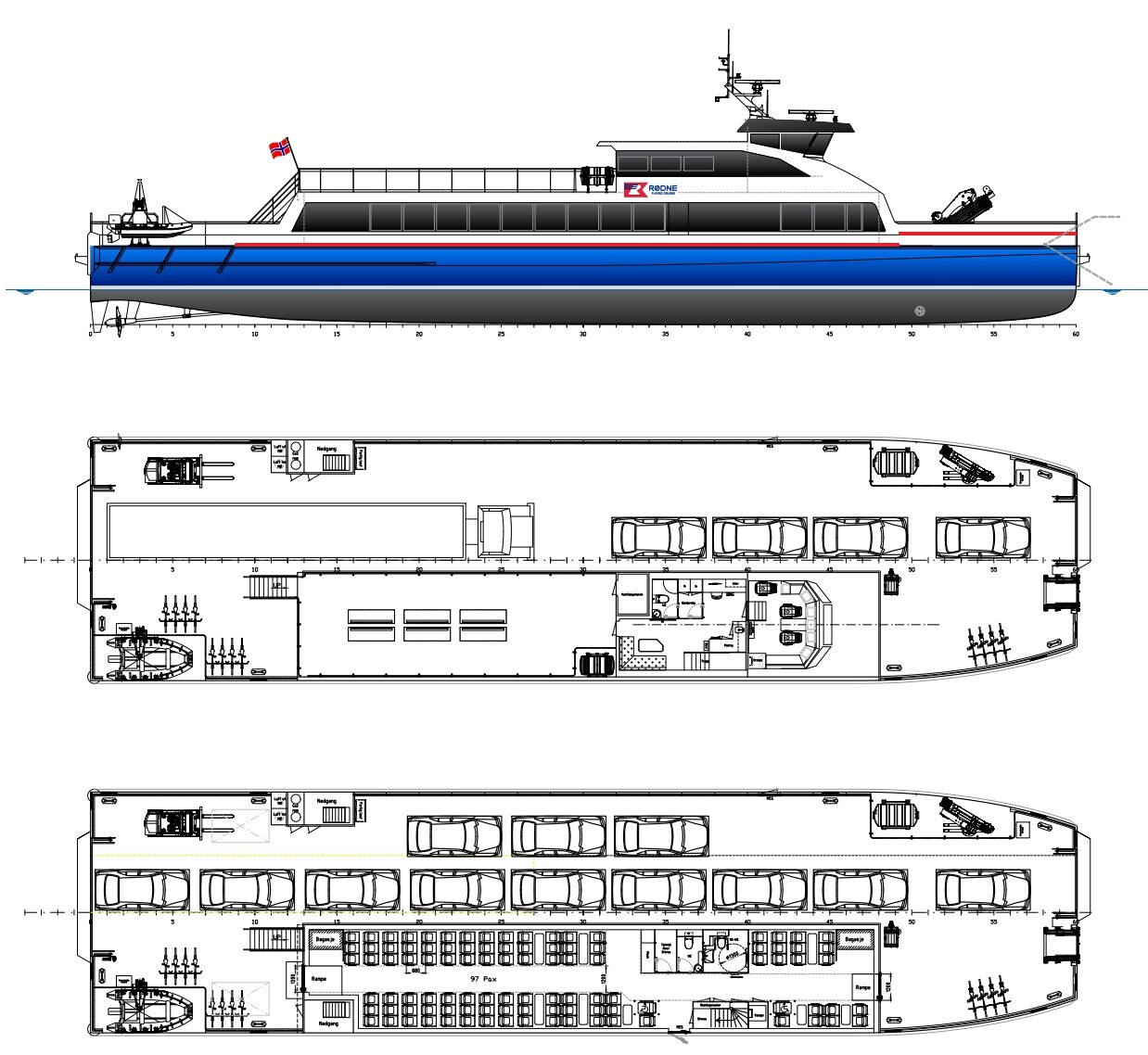 GA-tegning av Rødnes nye helelektriske kombi-katamaran